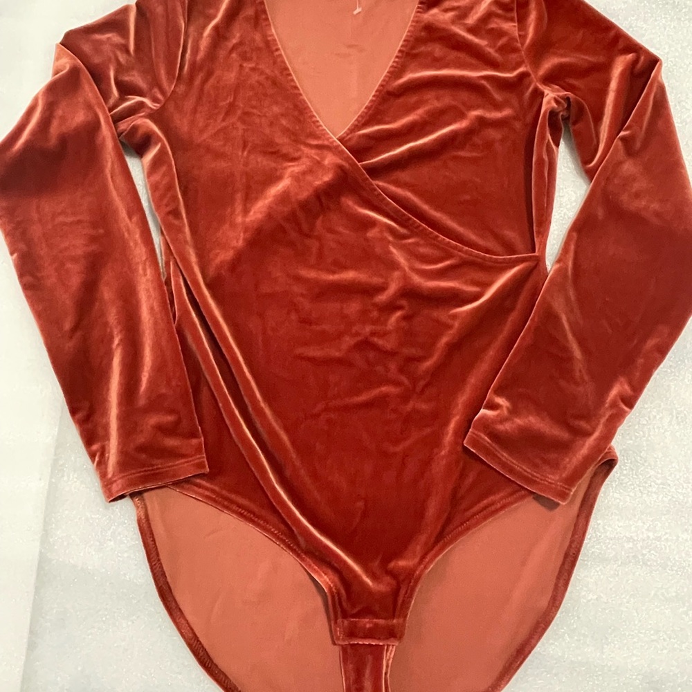 Velvet Long Sleeve Bodysuit in Rust